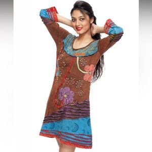 Rising International Hand Embroidered Artsy Tunic Dress Floral Patchwork